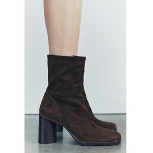 Zara Dark Chocolate Brown Suede Ankle Boots Block Heel Round Toe Zip Close Sz 10